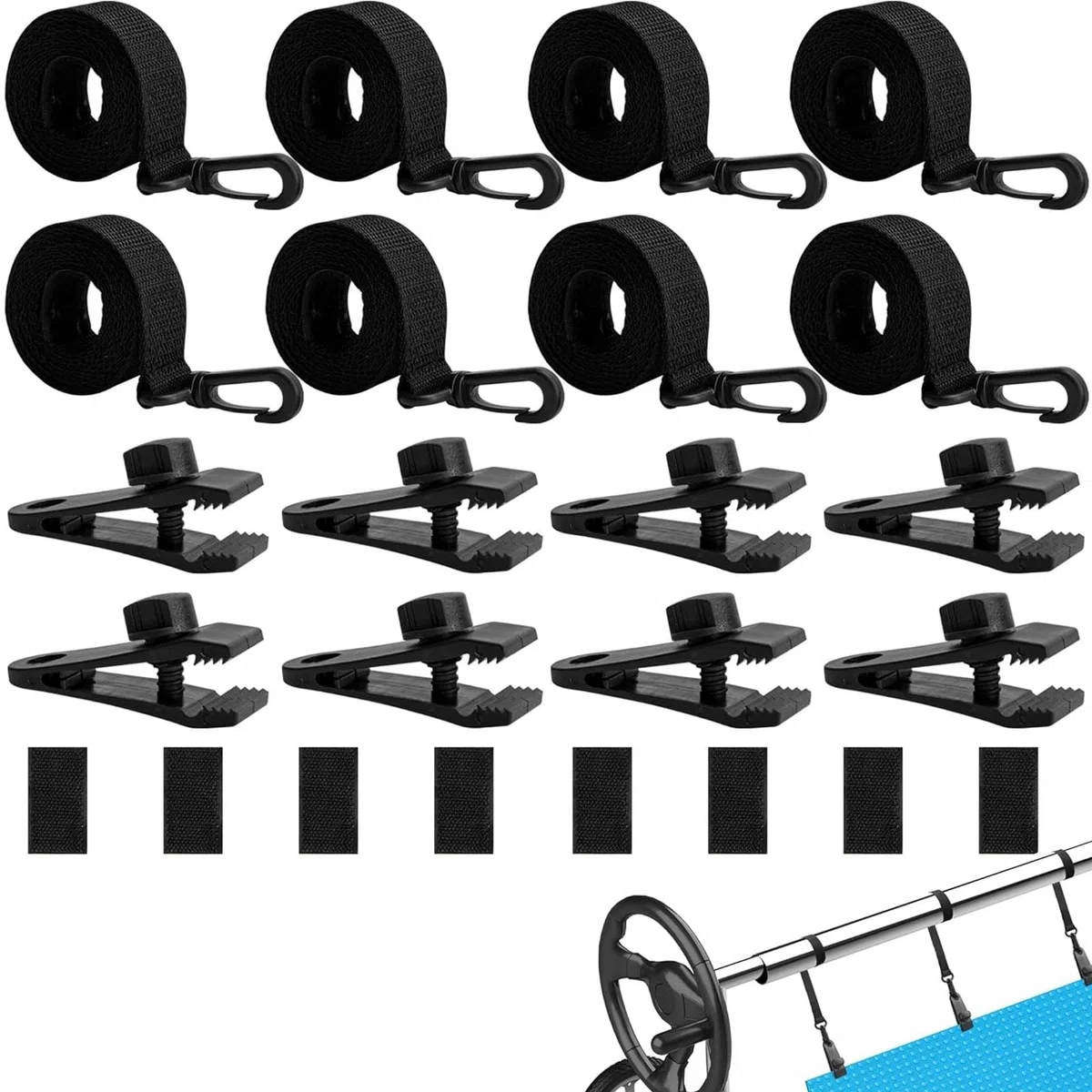 8er Set Pool Aufroller Aufrollvorrichtung, Haltebänder & 8 Klammern Zubehörteile, Befestigungsbänder für Fahrbares Aufrollsystem für Pool-Planen/Fahrbar Solarfolie/Abdeckungen Poolfolie
