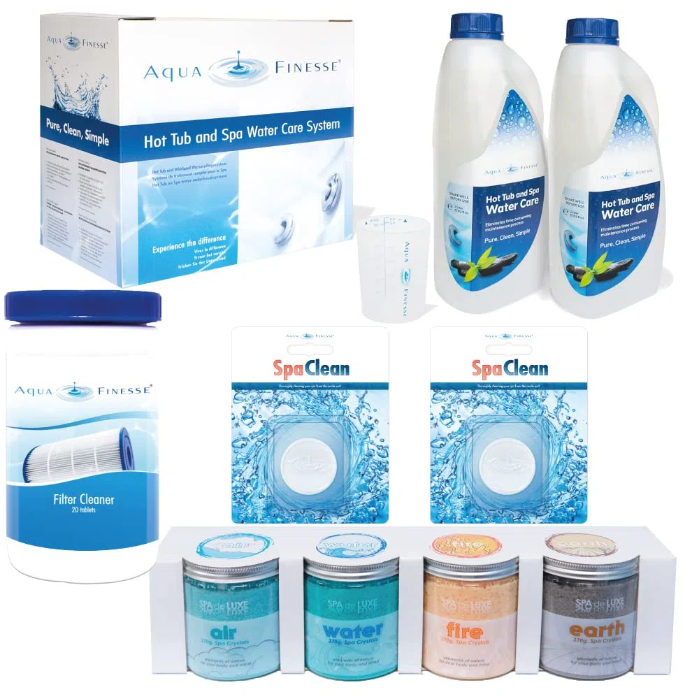 Aquafinesse Komplettset Sparset inkl. Filtercleaner 2 x Spa Clean Puk und Badesalzen für Whirlpool Spa Wasserpflege (mit Chlortabletten)