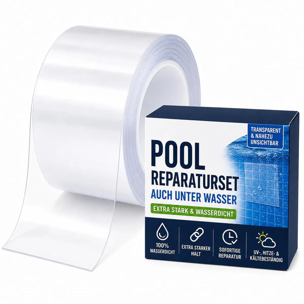 poolomio® Pool Reparaturset Unterwasser – Transparentes Reparatur-Klebeband zum Pool Flicken ohne Ablassen – Selbstklebend & Wasserdicht für Poolfolie, Teichfolie, PVC & Schläuche – 150 x 10 cm