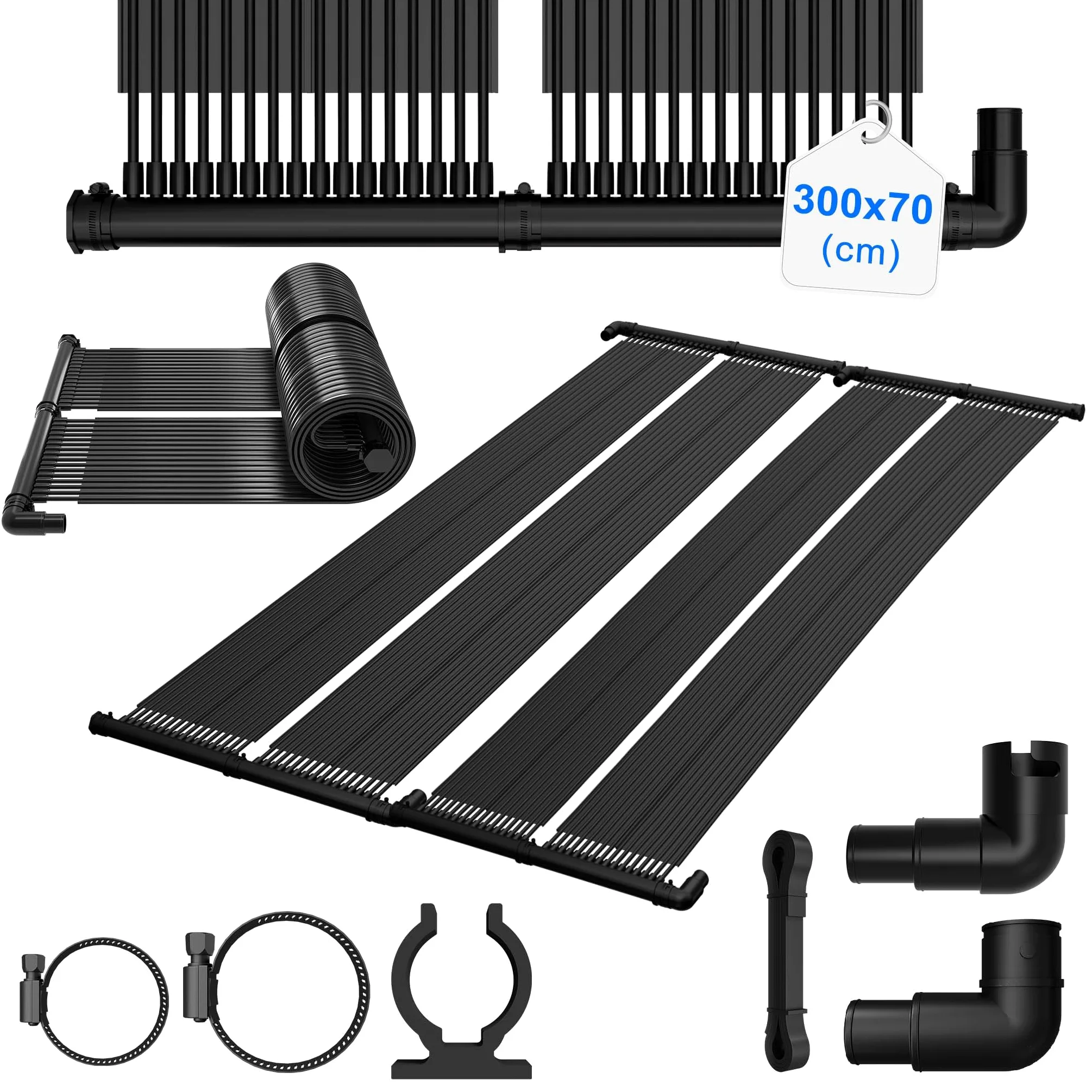 300x70cm Solarkollektor Poolheizung, Schwarz Solarheizung, Erweiterbar Sonnenkollektor Heizung, Solarbetriebener Teichheizung, 2,1m² Solarmatte für Pools Schwimmbad Warmwasser