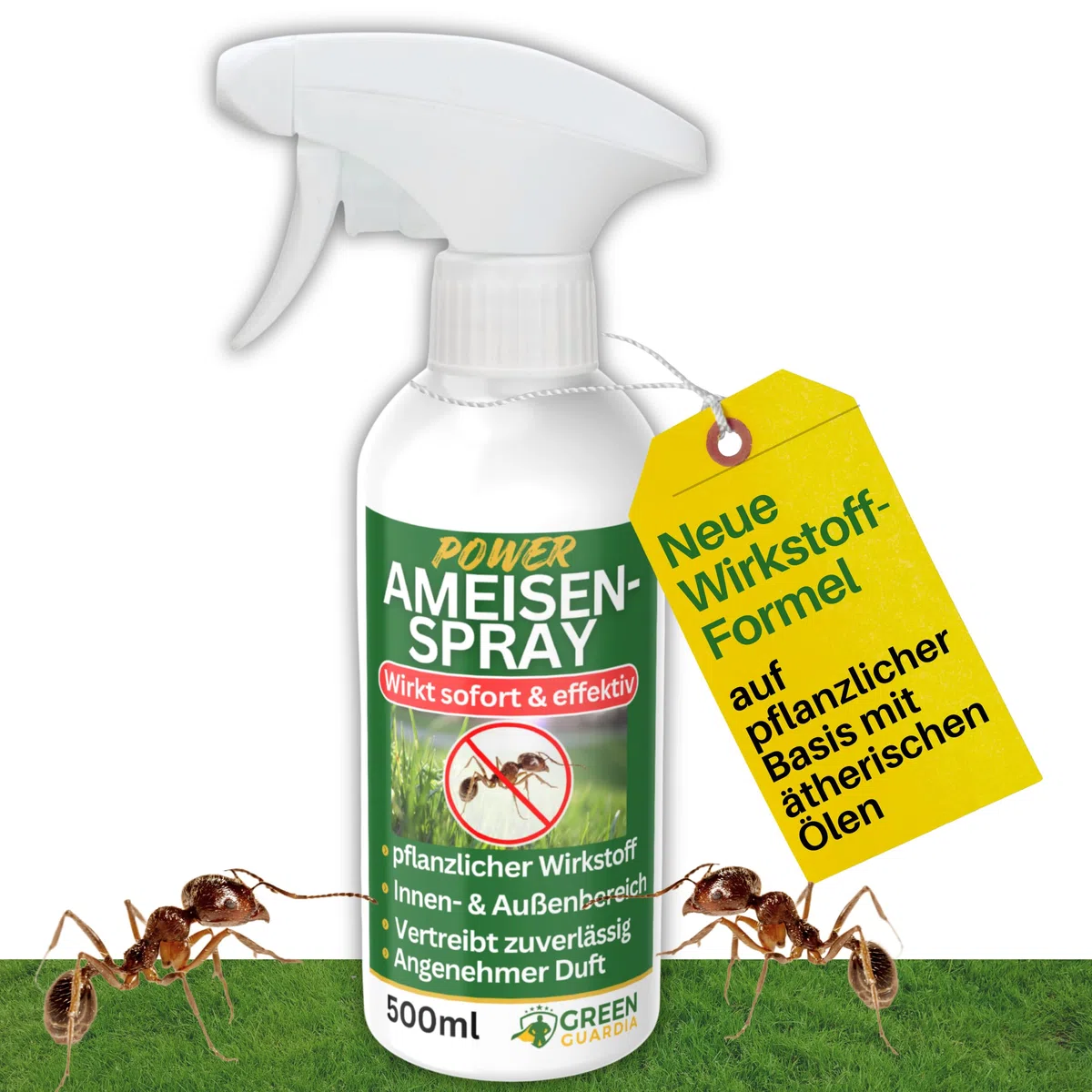 GREEN GUARDIA Ameisen Abwehrspray – Sprühfertiges Konzentrat mit pflanzlichen Ölen | 500 ml für Innen & Außen | gegen Ameisenstraßen, Nester, Terrassen