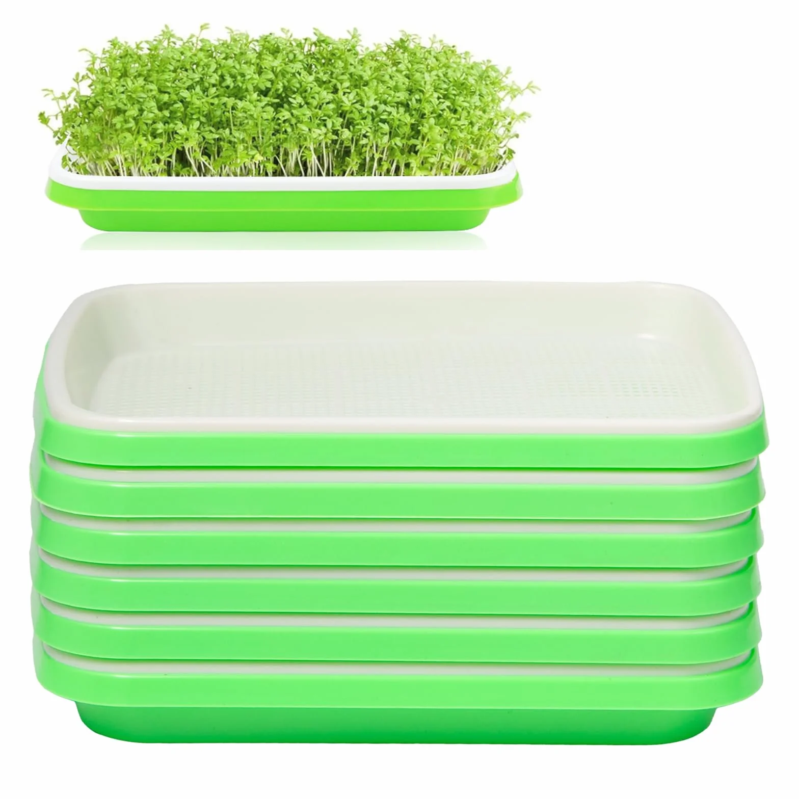 6er Set Kresse Anzuchtschalen 32.5x24.5x4.5cm Kunststoff Keimschalen für Sprossen Rechteckig Keimung Tablett für Große Samen Microgreens und Mungbohnen(Grün)