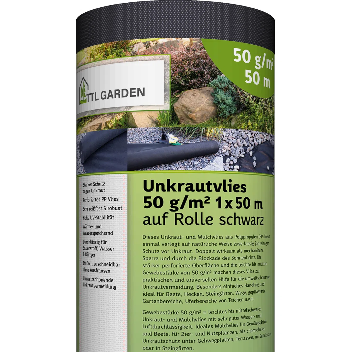 TTL GARDEN 50g/m² Unkrautvlies 50m² 1x50m Rolle - sehr wasserdurchlässig 50 x 1 m breit auf Rolle - Gartenvlies reißfest UV-stabil & atmungsaktiv - Garten Mulchvlies Vlies Folie gegen Unkraut schwarz