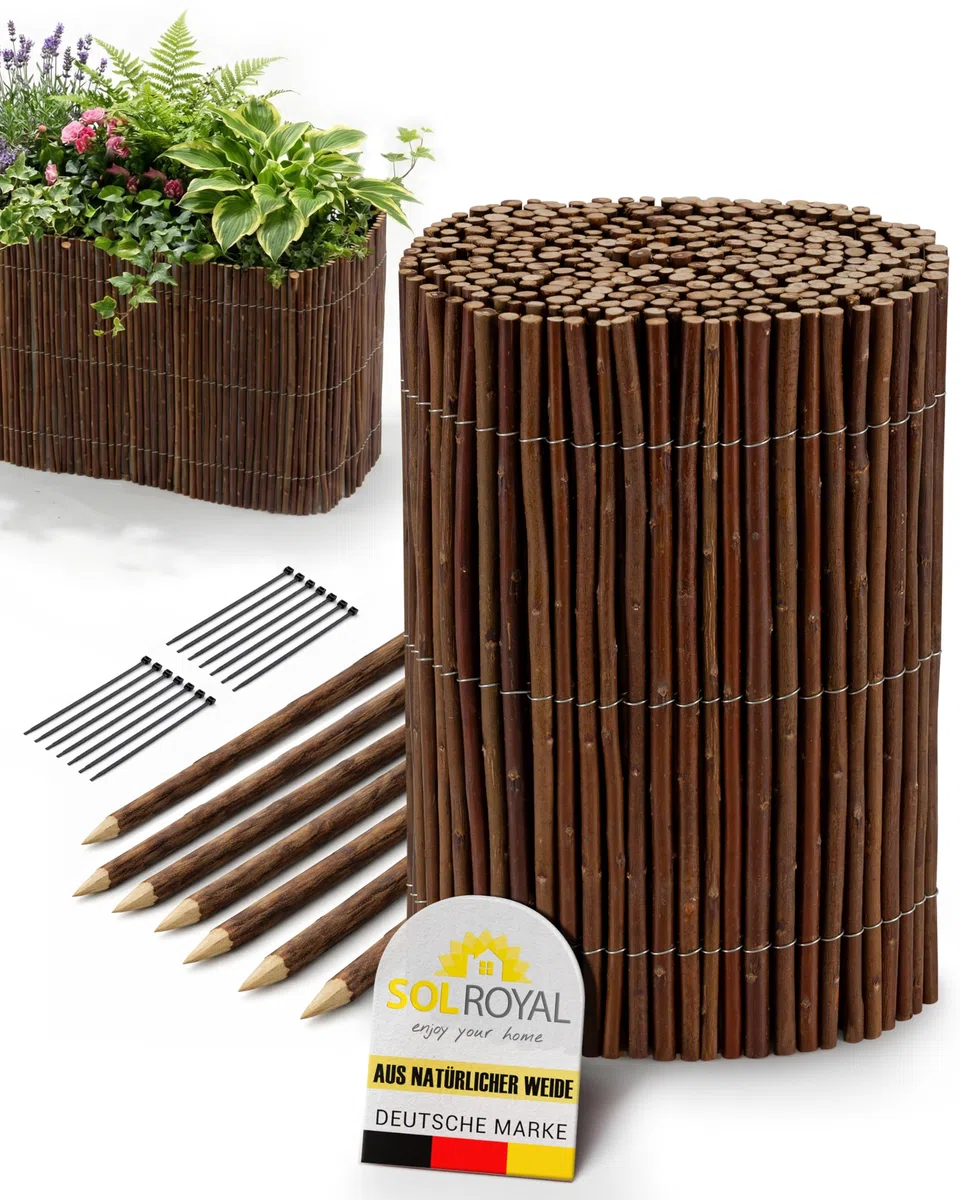 Sol Royal Beeteinfassung Weide 30 cm hoch 300 cm lang – Mini Gartenzaun zum Stecken inkl. 7 Pflöcke & 14 Kabelbinder – Flexible Rasenkante Steckzaun Beetumrandung Holz Weidenzaun Beetabgrenzung WB79
