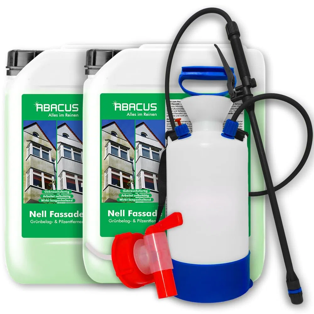 ABACUS® Fassadenreiniger mit Drucksprüher, Grünbelagentferner für Fassaden, Putz & Hauswände – Entfernt selbsttätig Pilze, Flechten & Algen von Fassaden – Nur 0,1L pro m², Nell Fassade 10 Liter (7594)