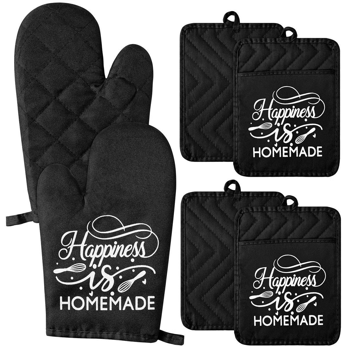 6 teiliges lustiges Ofenhandschuh Set, Happiness is Homemade hitzebeständig heiße Pads maschinenwaschbar langlebiger Taschen Topflappen mit Aufhängeschlaufe für sicheres Backen Kochen Grillen