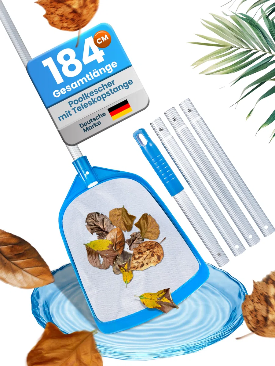 Poolkescher mit Teleskopstange|Kescher für Pool, Teich & Whirlpool|Alu-Stange|Länge einstellbar von 102-184 cm|Feinmaschiges Netz|Ergonomischer Griff|Geringes Gewicht 373g|5-teilig