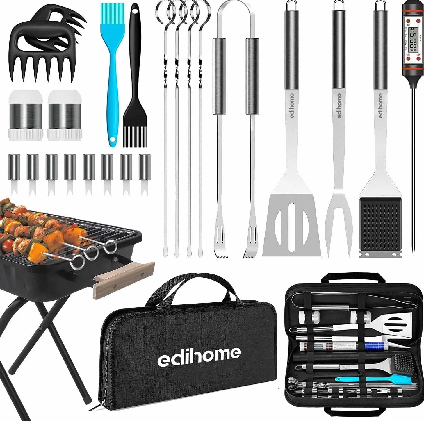 Edihome, Grillbesteck, Grill Zubehör, 25-teiliges Zubehör-Set, Professionelles Set, Edelstahl, Geschenke für Herren, mit Koffer für Grillrost, Premium