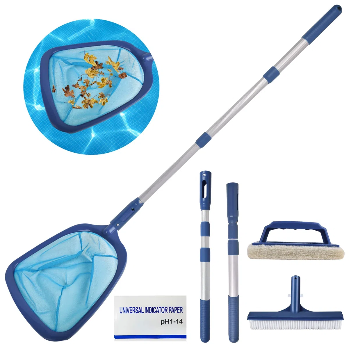 Pool Reinigungsset, Pool Zubehör Set, Schwimmbecken-Skimmernetz mit Verstellbarer 35-Zoll-Aluminium-Teleskopstange, Schrubberbürste, Schwammbürste, PH-Testpapier, für Pool und Teichreinigung