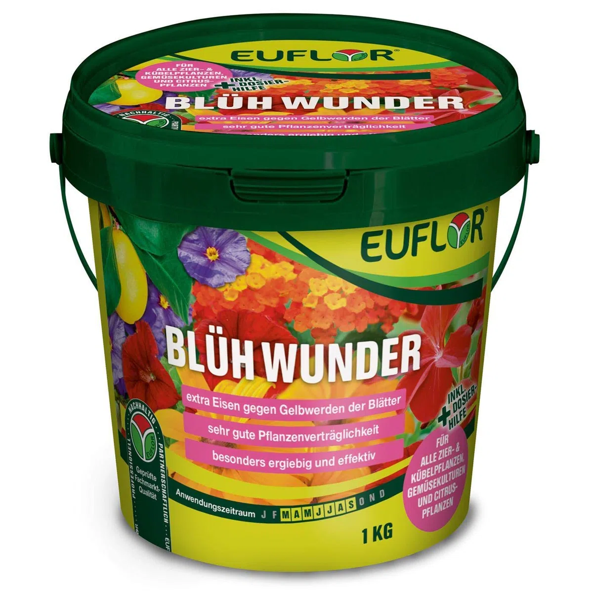 Euflor Blühwunder 1 kg Eimer • sorgt für reiche Blütenfülle und gesunde grüne Blätter • NPK-Dünger 15+10+15 mit 2% MgO + Eisen und Spurennährstoffen • Spezialdünger