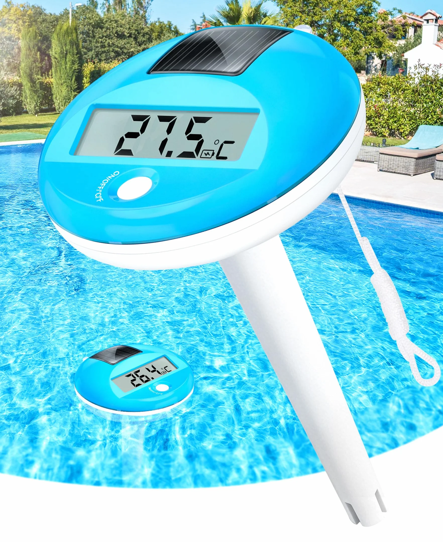 PoolLeader Digital Poolthermometer Solar | Pool Thermometer Schwimmend mit Schnur | Großes LCD-Display für Gute Lesbarkeit & IP68 Wasserdicht | Schwimmend Wasserthermometer Pool für Spa & Teich