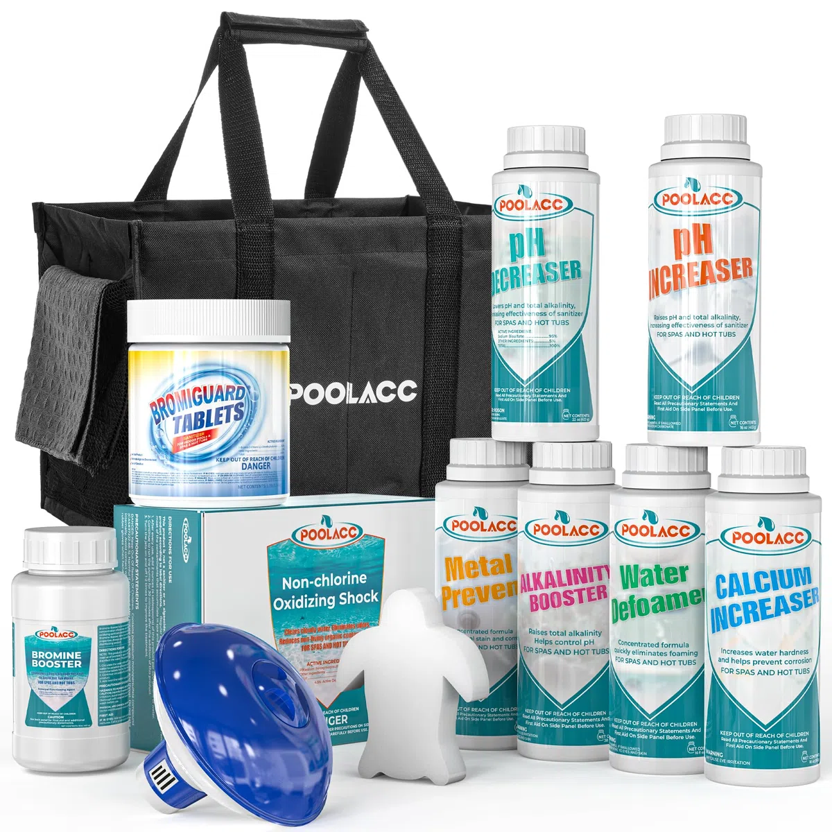 Poolacc Brom Hot Tub Starter Kit - Enthält Extra-Capacity-Chemikalien, 50 Teststreifen, Spender & Zubehör | All-in-One Spa Wartungsset