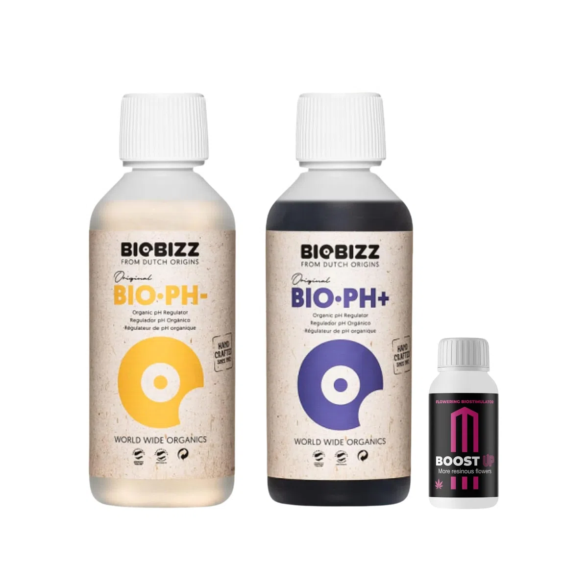 GROWMANIA Biobizz pH + Plus 250 ml + pH - Minus 250 ml Flüssig + Up Nutrients Boost Up | Superpack Ph up and Ph Down and Boost | Ph-senker Heber Dünger Pflanzen Grow Anbau Indoor Down Granulat Tomaten