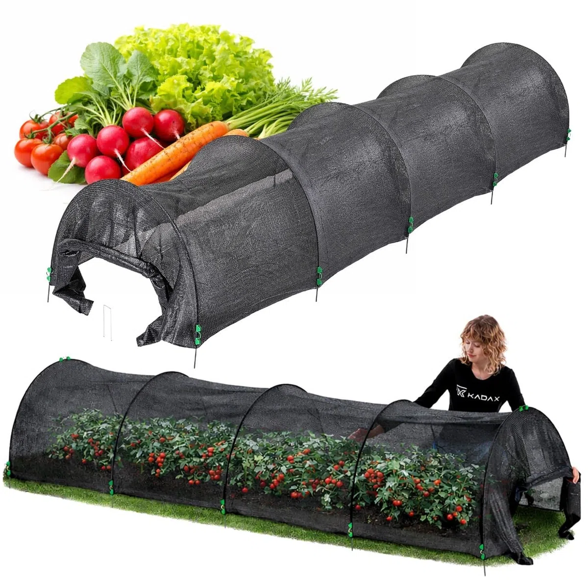KADAX Pflanztunnel 350 x 90 x 70 cm, Gemüsetunnel aus schwarzem PE Netz, UV-Schutz für Pflanzen, Netztunnel mit stabilen Bögen, Abdeckung für Hochbeet